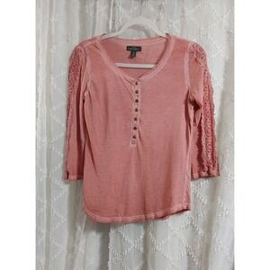 Lauren‎ Jeans Co Ralph Lauren Pink Crochet Lace Sleeve Henley Top Small Womens